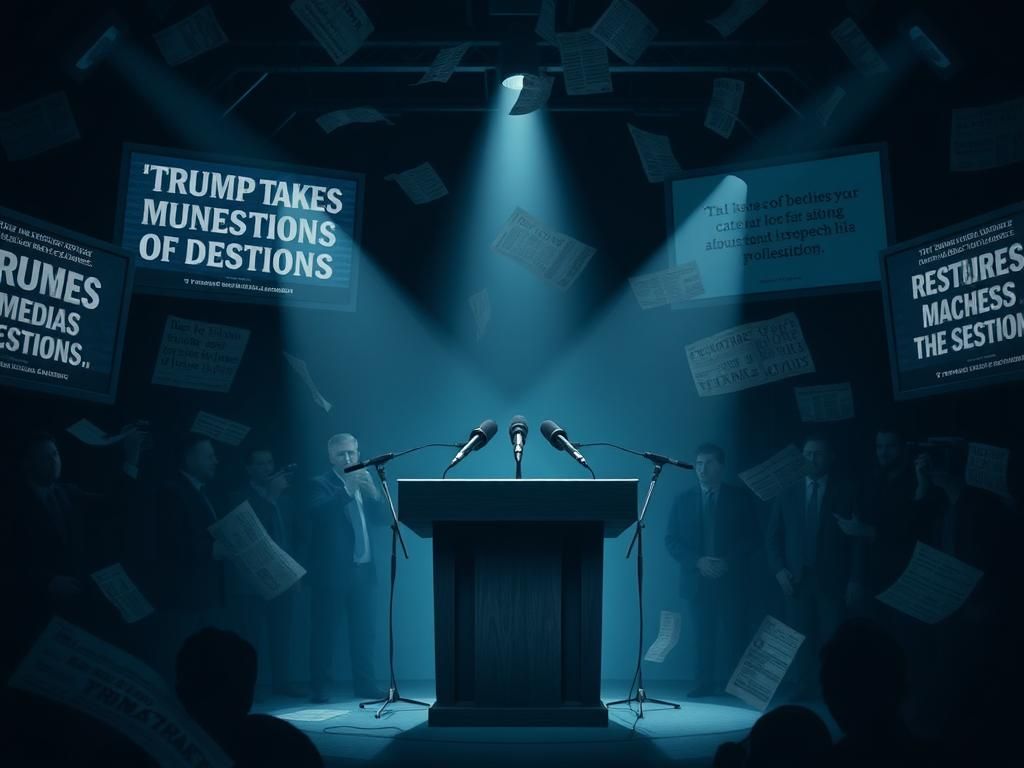 Flick International A tense and dramatic scene of an empty press podium surrounded by a chaotic newsroom environment