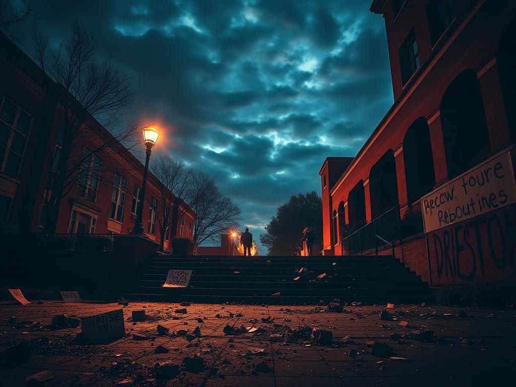 Flick International Dark campus scene with shattered glass and protest remnants