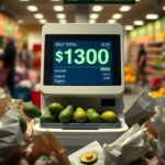 Flick International Grocery store self-checkout kiosk displaying inflated avocado total of 999