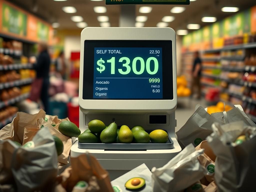Flick International Grocery store self-checkout kiosk displaying inflated avocado total of 999