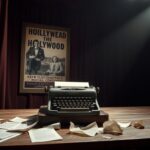 Flick International A dimly lit theater stage with a weathered typewriter symbolizing a playwright's creative struggles