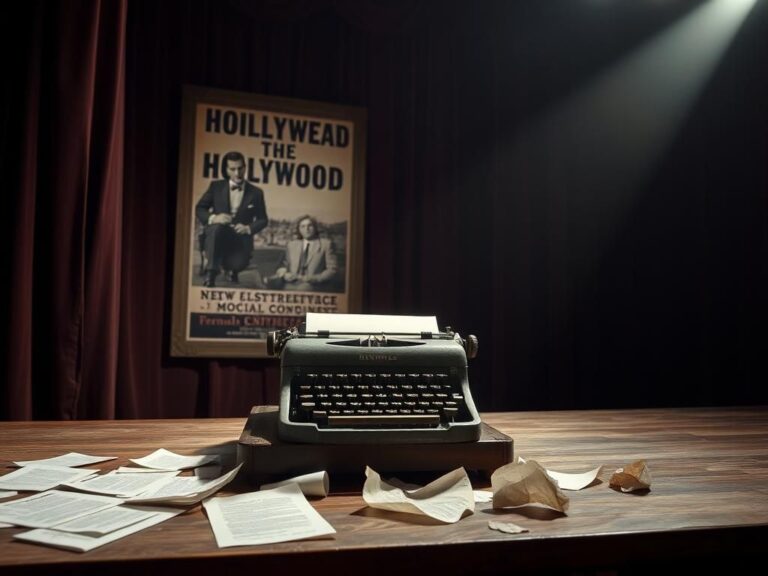 Flick International A dimly lit theater stage with a weathered typewriter symbolizing a playwright's creative struggles