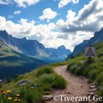 Flick International Serene mountain trail in the Grand Tetons with wildflowers and a warning sign