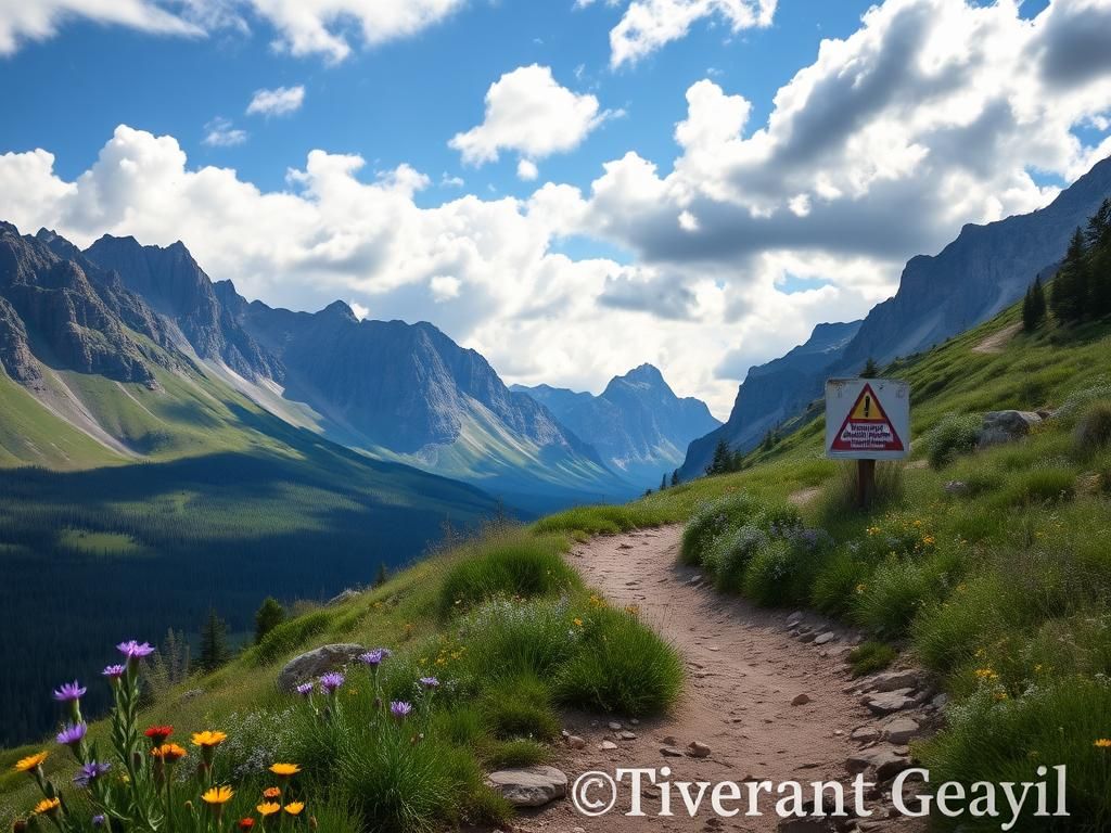 Flick International Serene mountain trail in the Grand Tetons with wildflowers and a warning sign