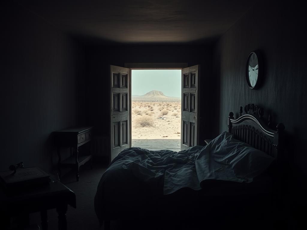 Flick International Dark, moody interior of a neglected legal brothel with disheveled bedding and worn furniture