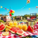 Flick International A vibrant summer picnic scene with festival snacks and decorations