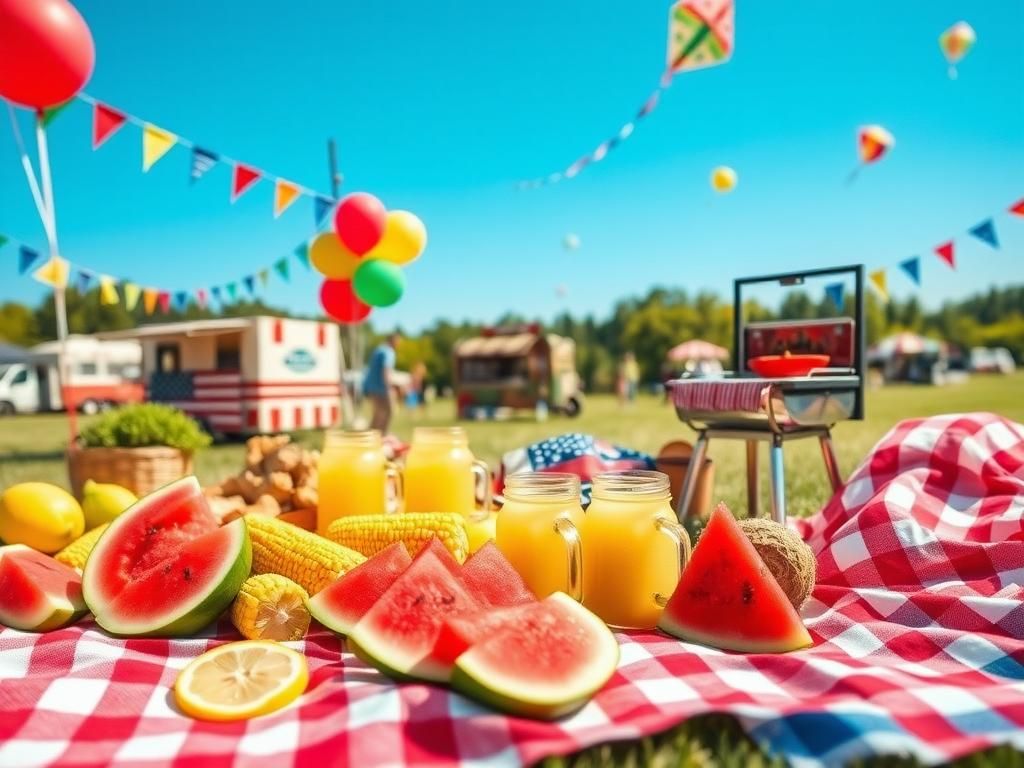 Flick International A vibrant summer picnic scene with festival snacks and decorations
