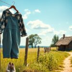Flick International Cozy scene of a rustic homestead with children's overalls and a wooden cottage under a blue sky
