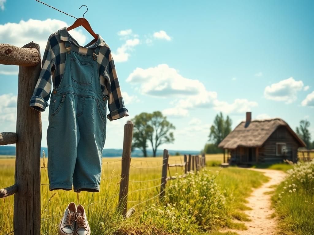 Flick International Cozy scene of a rustic homestead with children's overalls and a wooden cottage under a blue sky