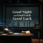 Flick International Dimly lit television studio set with vintage journalism artifacts and a large screen displaying 'Good Night and Good Luck'