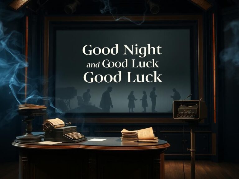 Flick International Dimly lit television studio set with vintage journalism artifacts and a large screen displaying 'Good Night and Good Luck'