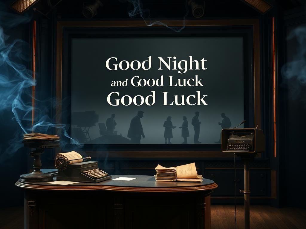 Flick International Dimly lit television studio set with vintage journalism artifacts and a large screen displaying 'Good Night and Good Luck'