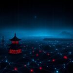 Flick International Dark digital landscape with glowing connections representing the dark web and Chinese architectural elements