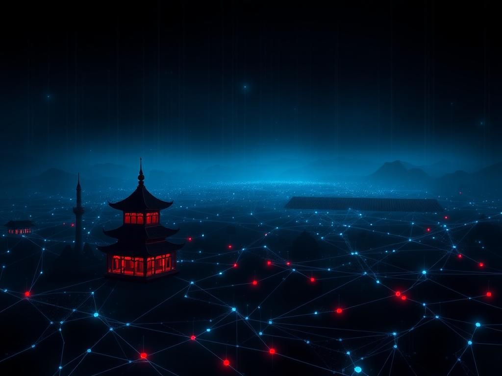 Flick International Dark digital landscape with glowing connections representing the dark web and Chinese architectural elements