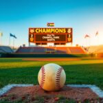 Flick International Dynamic softball scene in a vibrant stadium with Champlin Park scoreboard