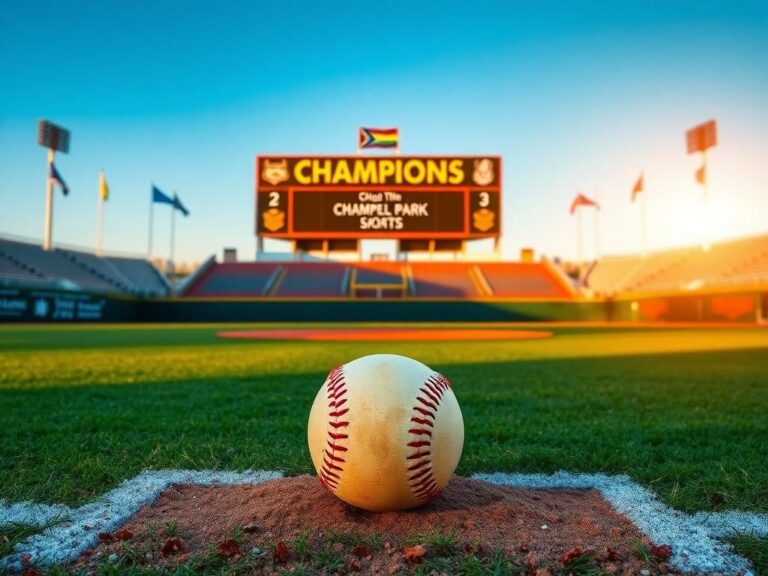 Flick International Dynamic softball scene in a vibrant stadium with Champlin Park scoreboard