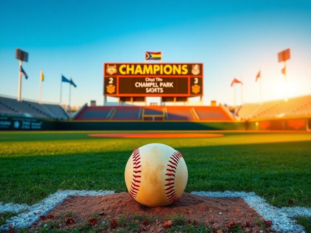 Flick International Dynamic softball scene in a vibrant stadium with Champlin Park scoreboard