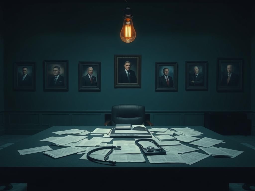 Flick International A somber office scene with a large desk covered in medical documents and a stethoscope, representing scrutiny and investigations into Joe Biden's cognitive health.