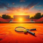 Flick International A vibrant tennis court at sunset with a silhouette of Roland-Garros stadium in the background