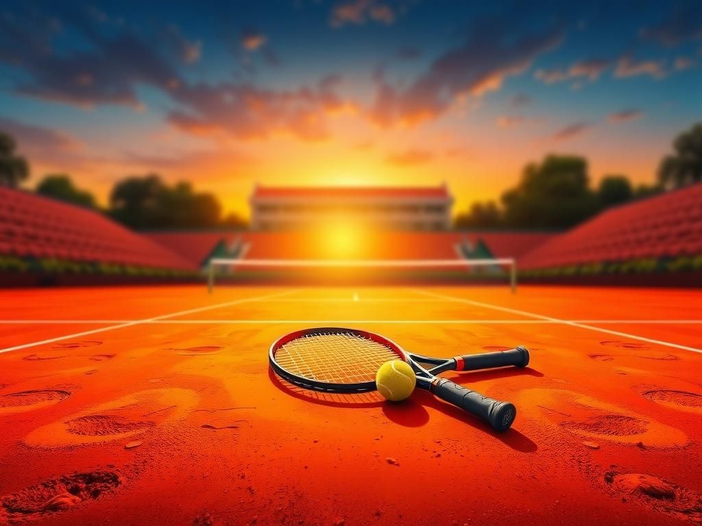 Flick International A vibrant tennis court at sunset with a silhouette of Roland-Garros stadium in the background