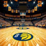 Flick International A vibrant basketball court featuring the Indiana Pacers logo with a jubilant crowd in the arena.