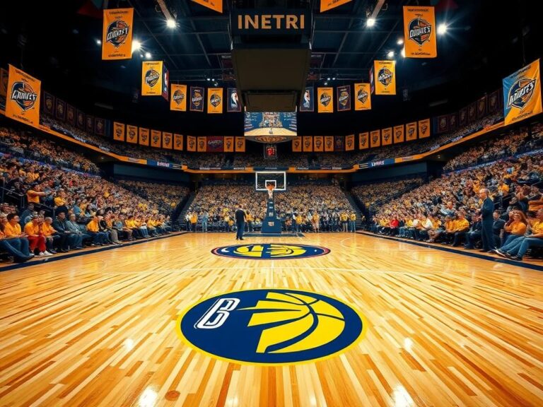Flick International A vibrant basketball court featuring the Indiana Pacers logo with a jubilant crowd in the arena.