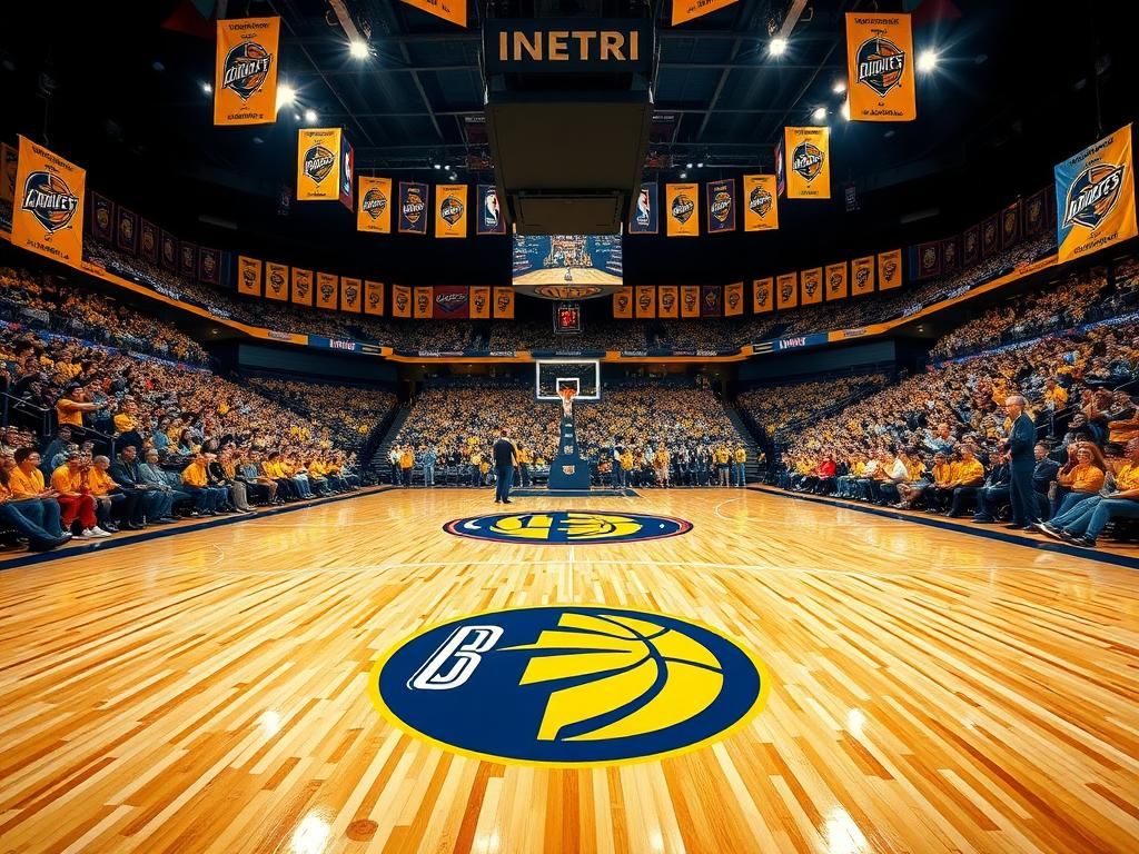 Flick International A vibrant basketball court featuring the Indiana Pacers logo with a jubilant crowd in the arena.