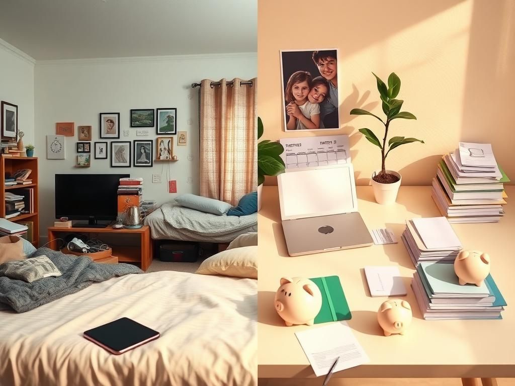 Flick International Split scene contrasting financial dependence and independence for adult children