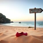 Flick International Serene coastal scene of Praia da Luz, Portugal where Madeleine McCann vanished, featuring a child's red toy shoe in the sand.