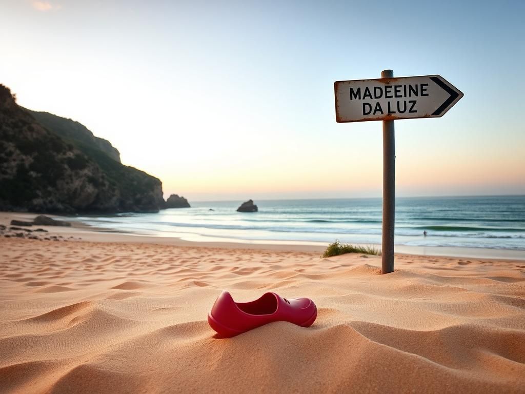 Flick International Serene coastal scene of Praia da Luz, Portugal where Madeleine McCann vanished, featuring a child's red toy shoe in the sand.
