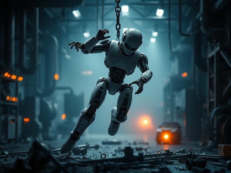 Flick International humanoid robot malfunctioning in a dimly lit factory, with limbs flailing and tools scattered around