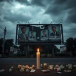 Flick International Dimly-lit street in Colombia with a shattered billboard for Miguel Uribe and bullet holes