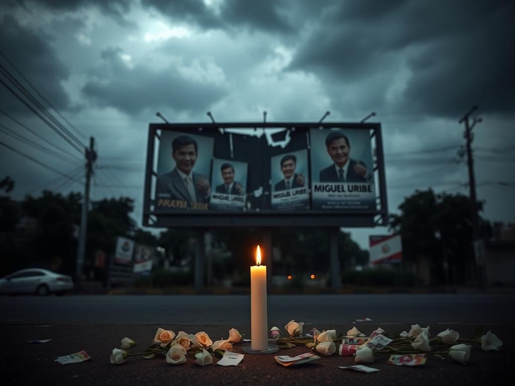 Flick International Dimly-lit street in Colombia with a shattered billboard for Miguel Uribe and bullet holes