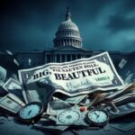 Flick International Large crumpled bill labeled 'BIG, BEAUTIFUL BILL' discarded among financial chaos