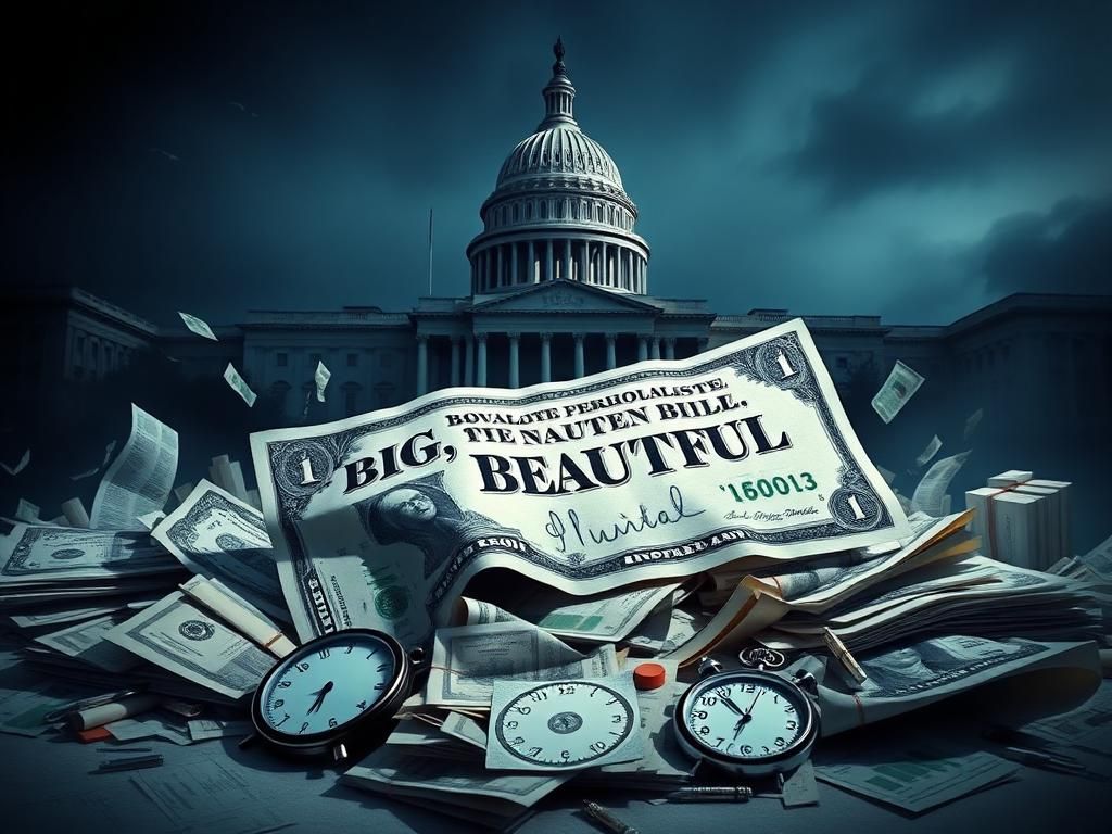 Flick International Large crumpled bill labeled 'BIG, BEAUTIFUL BILL' discarded among financial chaos