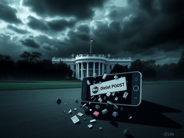 Flick International Dramatic scene depicting the White House under stormy skies with a shattered smartphone symbolizing social media conflict