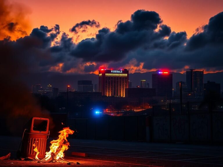 Flick International A dramatic urban landscape of Los Angeles engulfed in smoke and chaos during riots