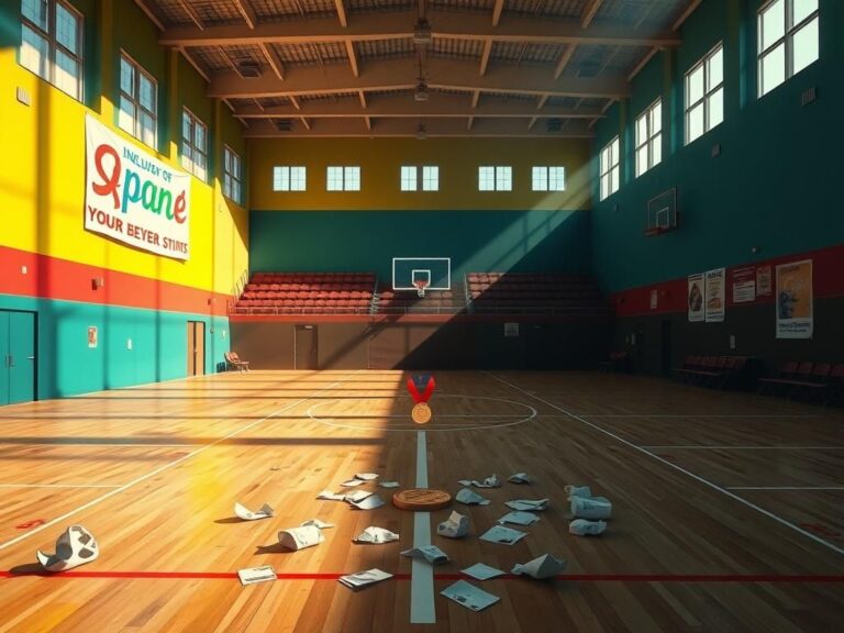 Flick International A dynamic stylized gymnasium split between vibrant inclusion and shadowy division
