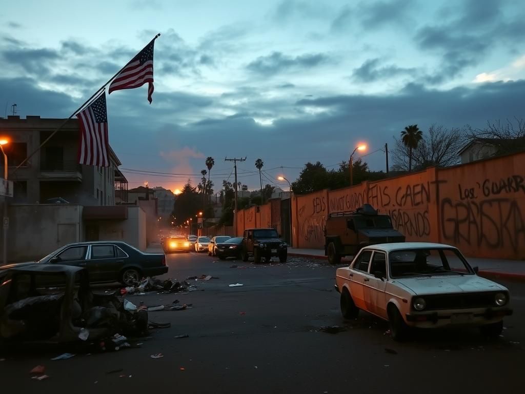 Flick International A tense urban landscape in Los Angeles depicting chaos and unrest with abandoned cars and smoke