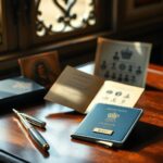 Flick International A royal passport and quill pen on a wooden table symbolizing royal titles and heritage