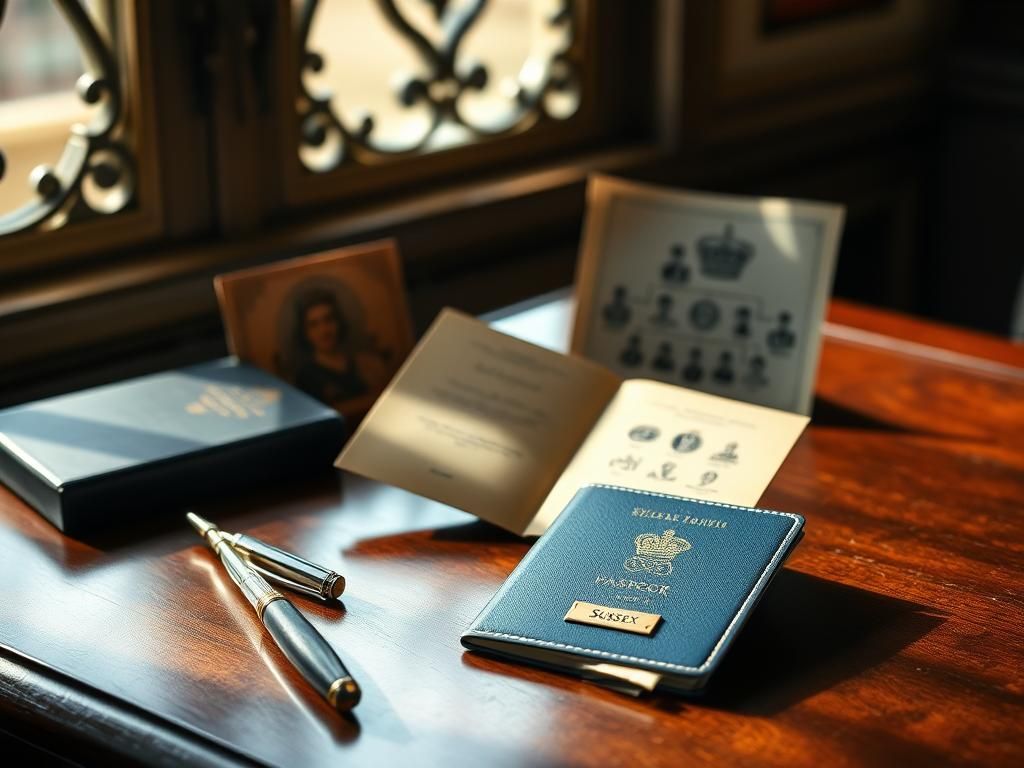 Flick International A royal passport and quill pen on a wooden table symbolizing royal titles and heritage