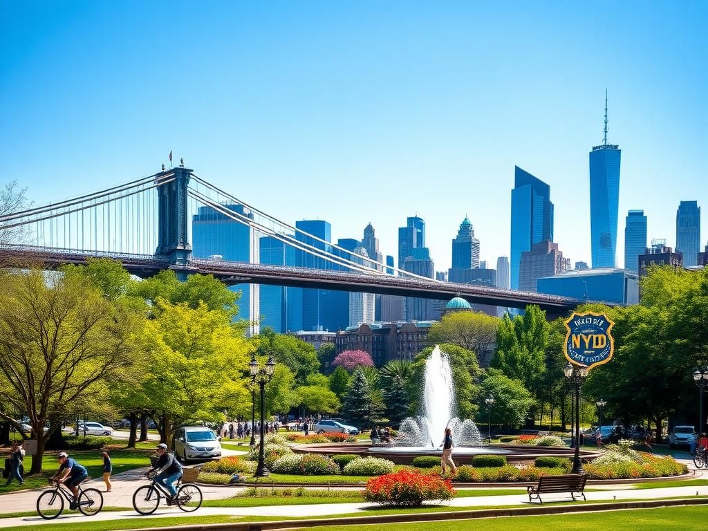 Flick International A serene New York City skyline featuring the Brooklyn Bridge under a clear blue sky with a peaceful park scene in the foreground.
