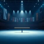 Flick International Empty gymnastics arena with a balance beam in spotlight, symbolizing the debate on transgender athletes