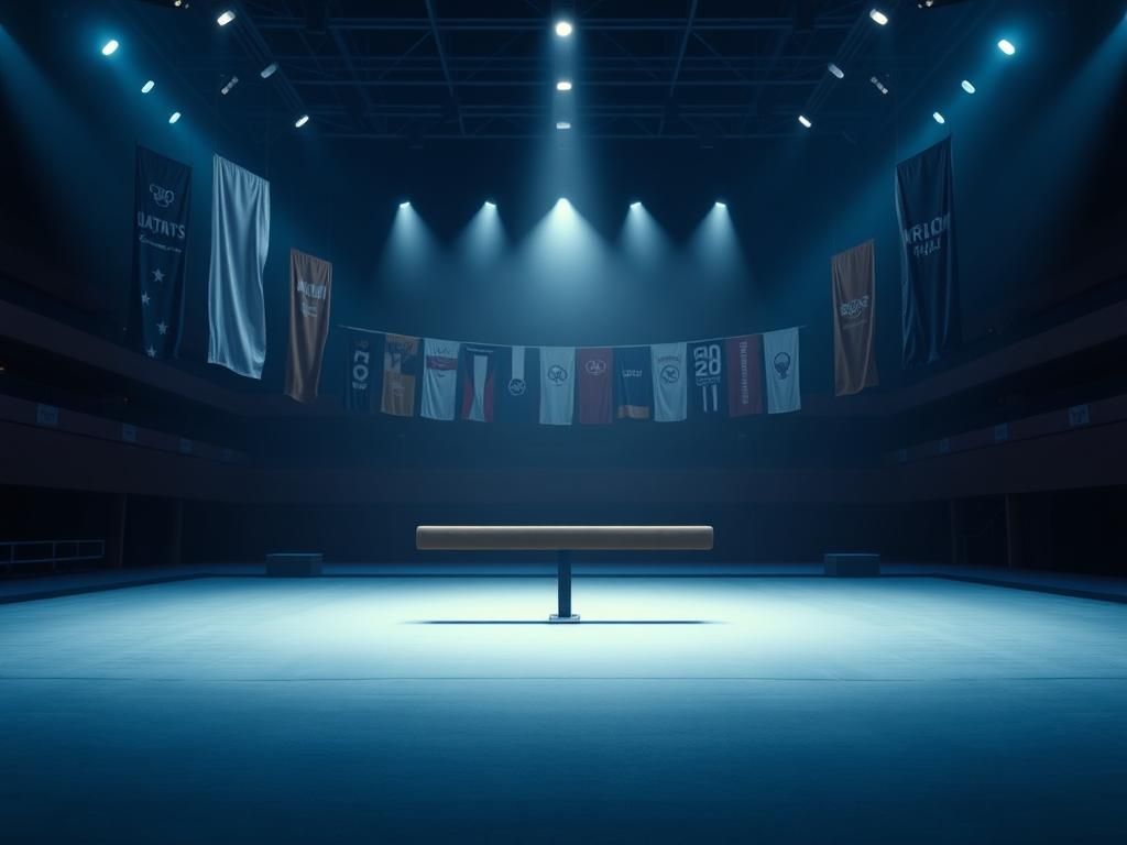 Flick International Empty gymnastics arena with a balance beam in spotlight, symbolizing the debate on transgender athletes