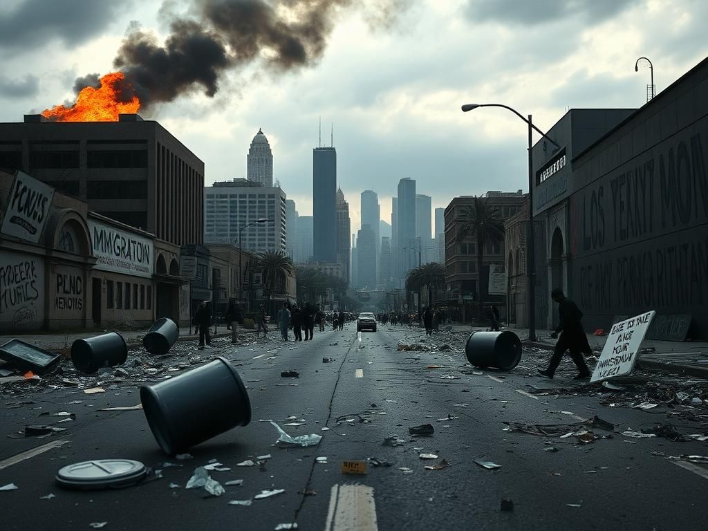 Flick International Aftermath of a chaotic protest in Los Angeles featuring debris and graffiti