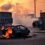 Flick International A chaotic urban landscape in Los Angeles featuring a burned-out car amidst protest-related destruction