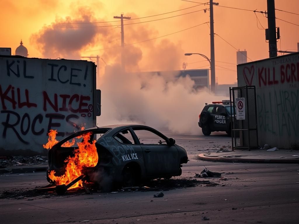 Flick International A chaotic urban landscape in Los Angeles featuring a burned-out car amidst protest-related destruction