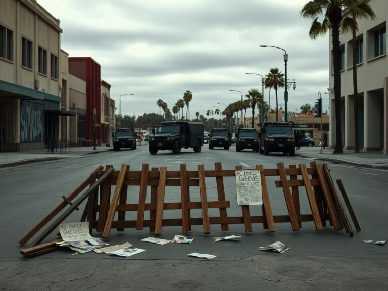Flick International Urban landscape depicting aftermath of Los Angeles immigration riots with barricades and National Guard presence