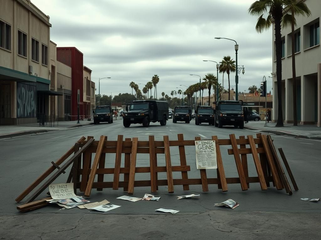 Flick International Urban landscape depicting aftermath of Los Angeles immigration riots with barricades and National Guard presence