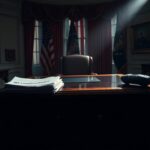 Flick International Tense atmosphere in the Oval Office with documents and gadgets symbolizing political conflict